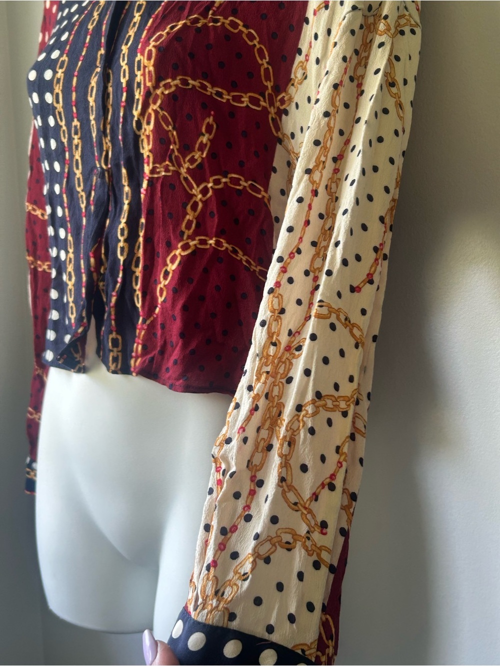Mixed Print Button-Down Blouse in Burgundy, Navy & White - Picture 3 of 10